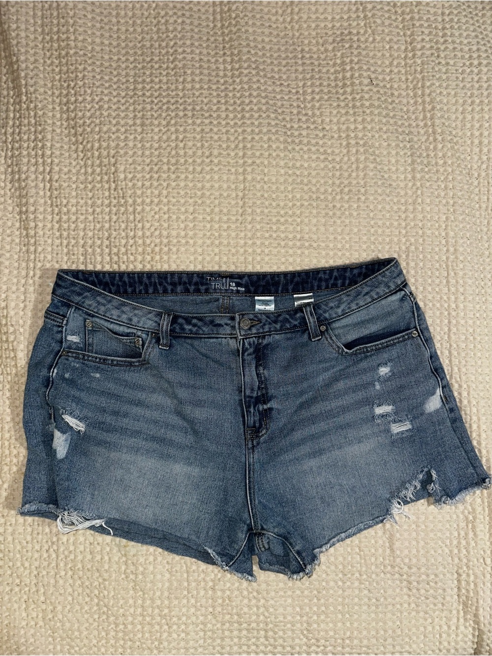 Time and Tru- Women's Distressed Denim High Rise Shorts in Medium Blue